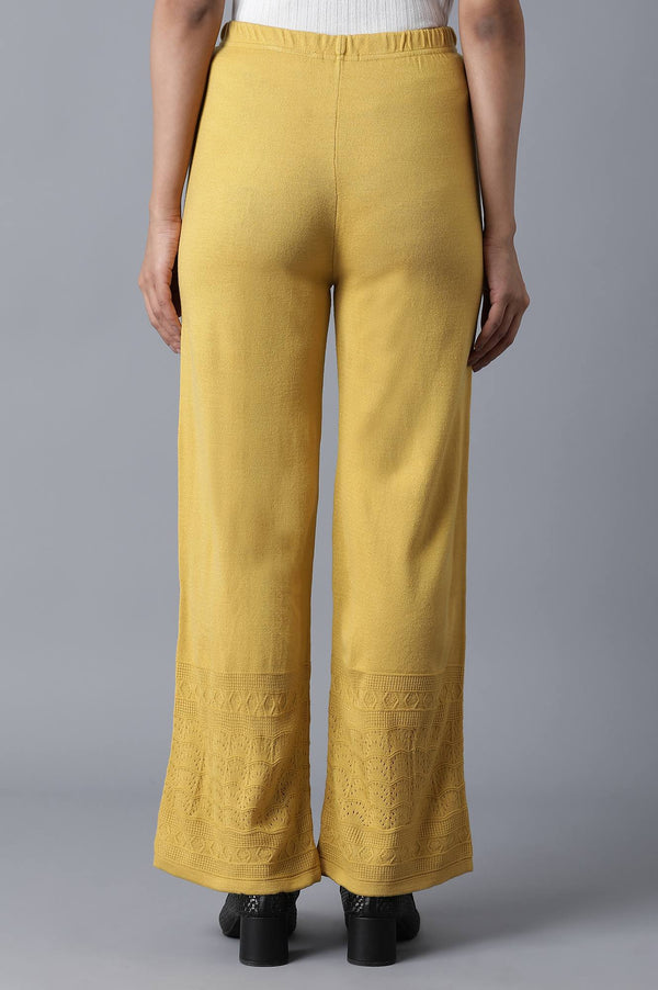 Mustard Pointelle Flared Knit Palazzo with Elasticated Waist