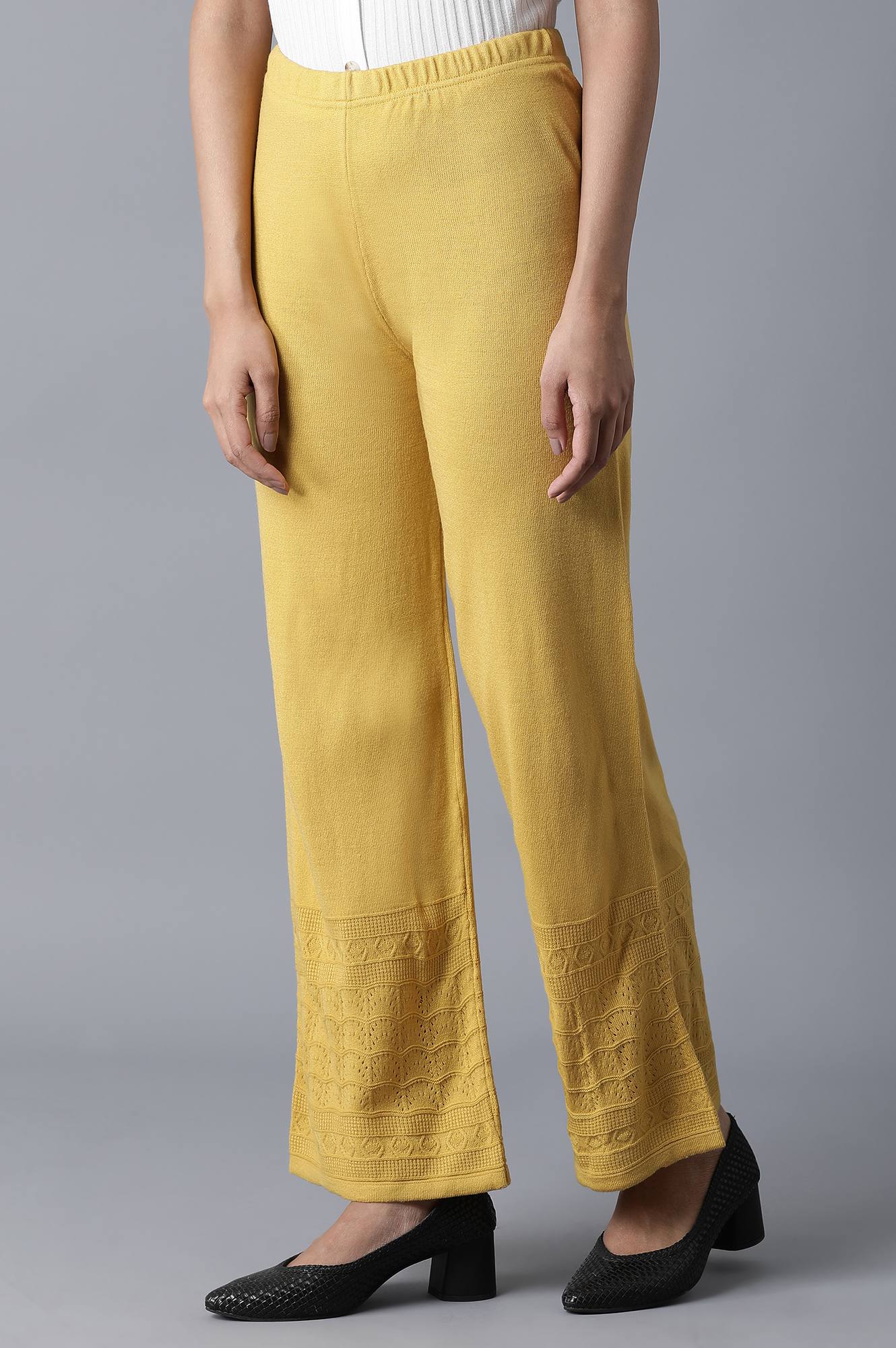 Mustard Pointelle Flared Knit Palazzo with Elasticated Waist