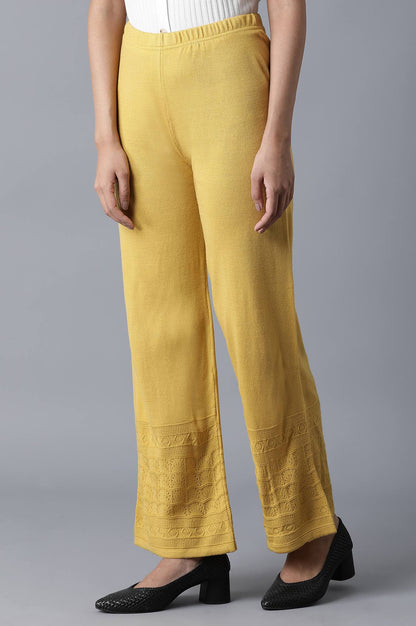 Mustard Pointelle Flared Knit Palazzo with Elasticated Waist