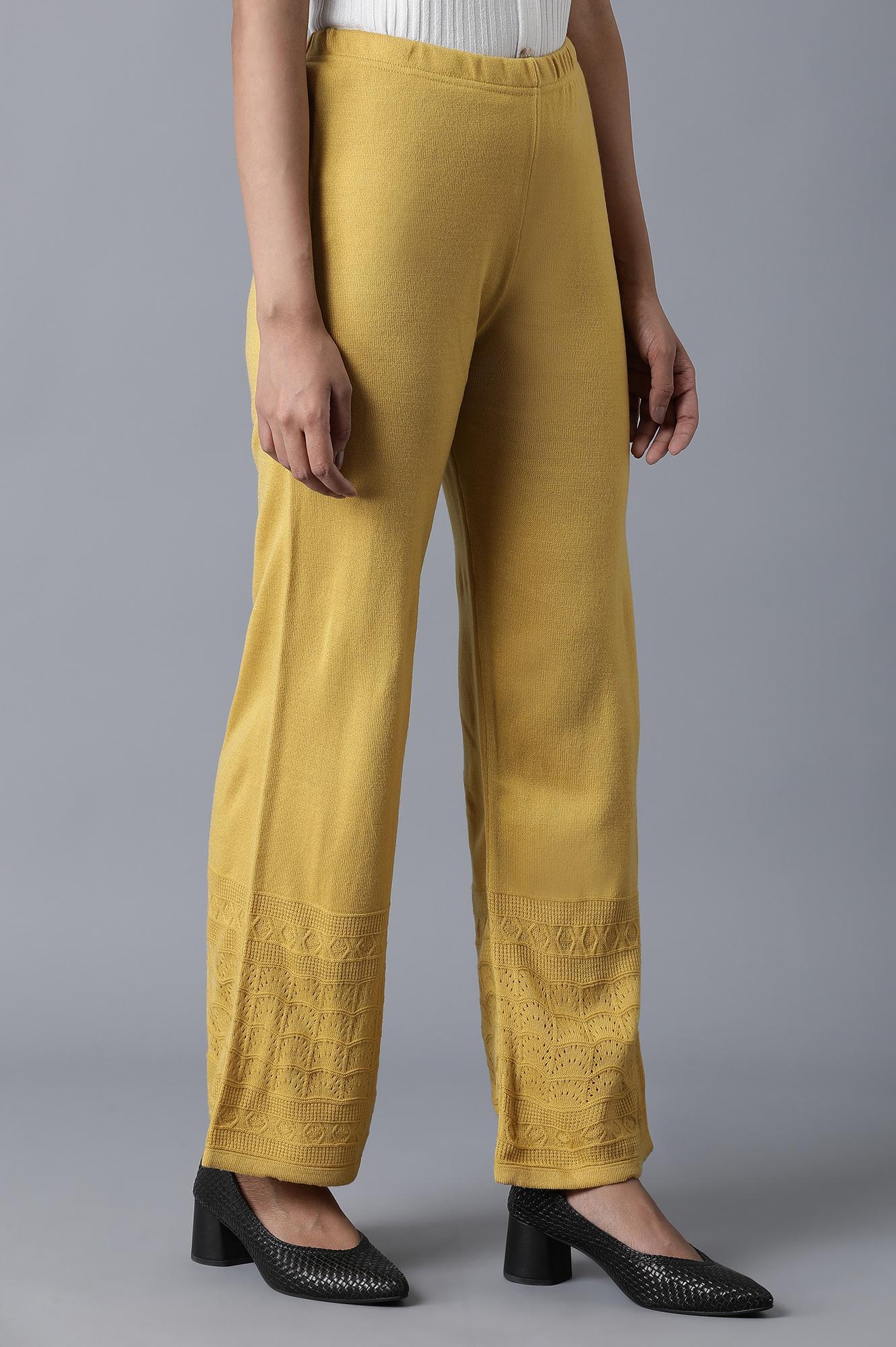 Mustard Pointelle Flared Knit Palazzo with Elasticated Waist