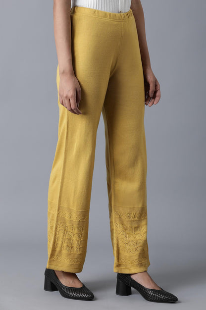 Mustard Pointelle Flared Knit Palazzo with Elasticated Waist