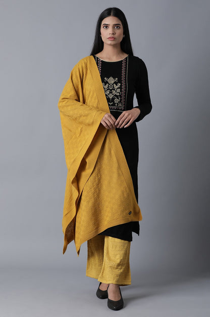 Mustard Pointelle Flared Knit Palazzo with Elasticated Waist