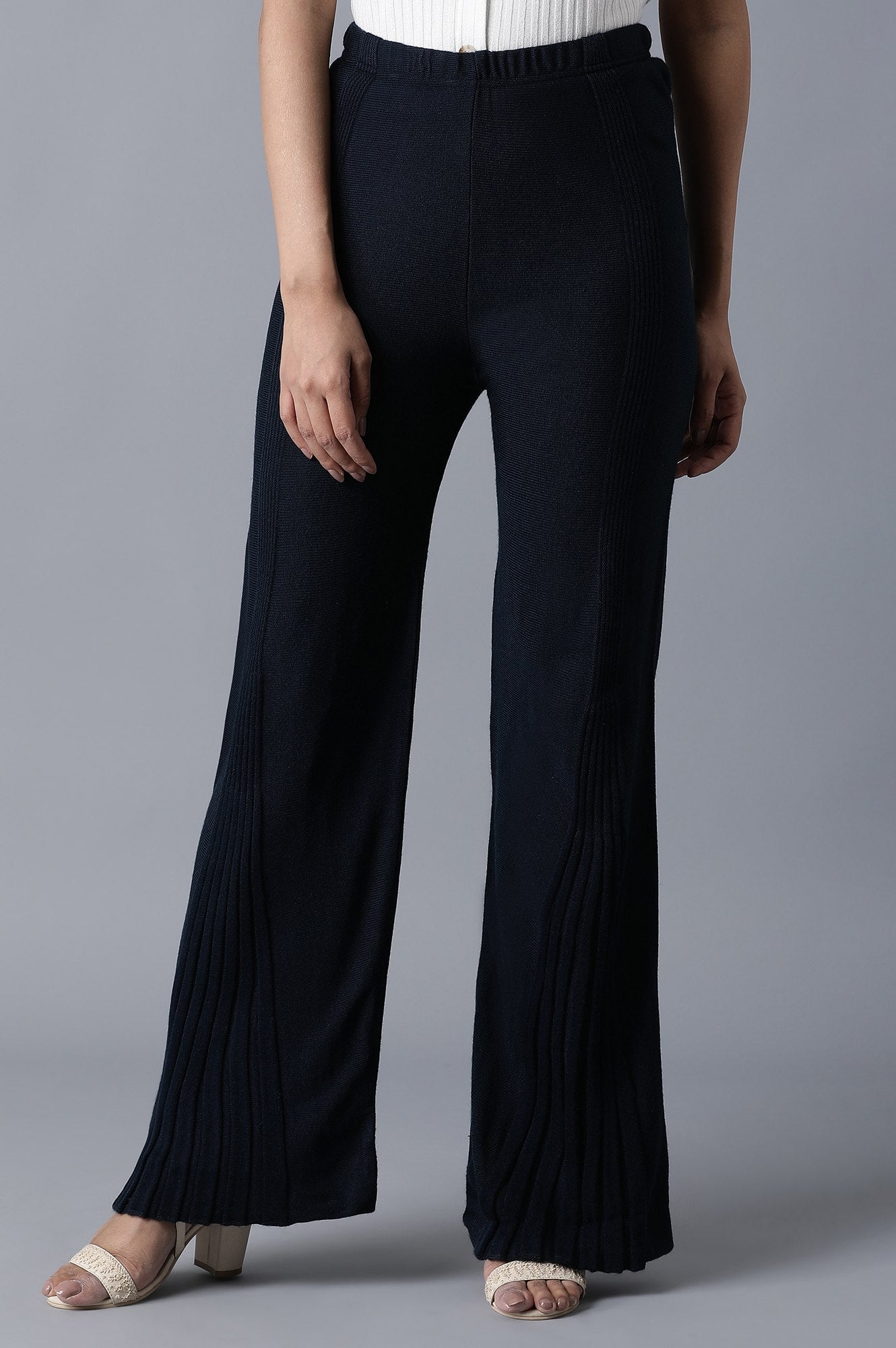 Navy Blue Pointelle Flared Palazzo With Elasticated Waistband