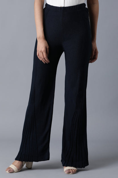 Navy Blue Pointelle Flared Palazzo With Elasticated Waistband