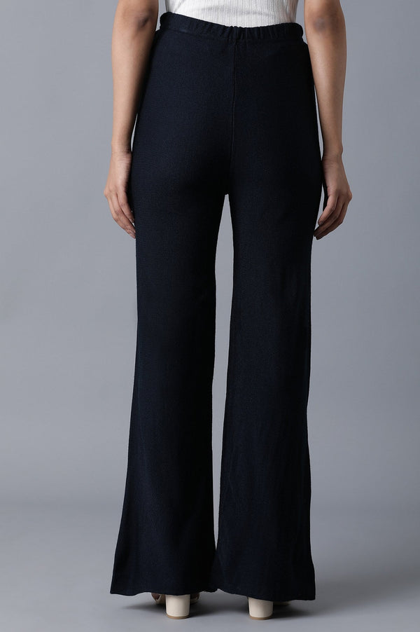Navy Blue Pointelle Flared Palazzo With Elasticated Waistband