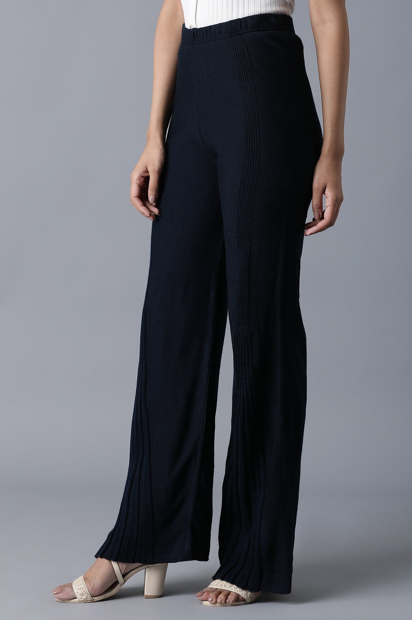 Navy Blue Pointelle Flared Palazzo With Elasticated Waistband