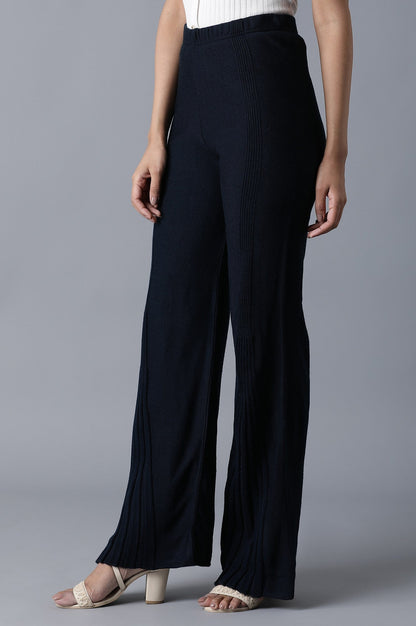 Navy Blue Pointelle Flared Palazzo With Elasticated Waistband