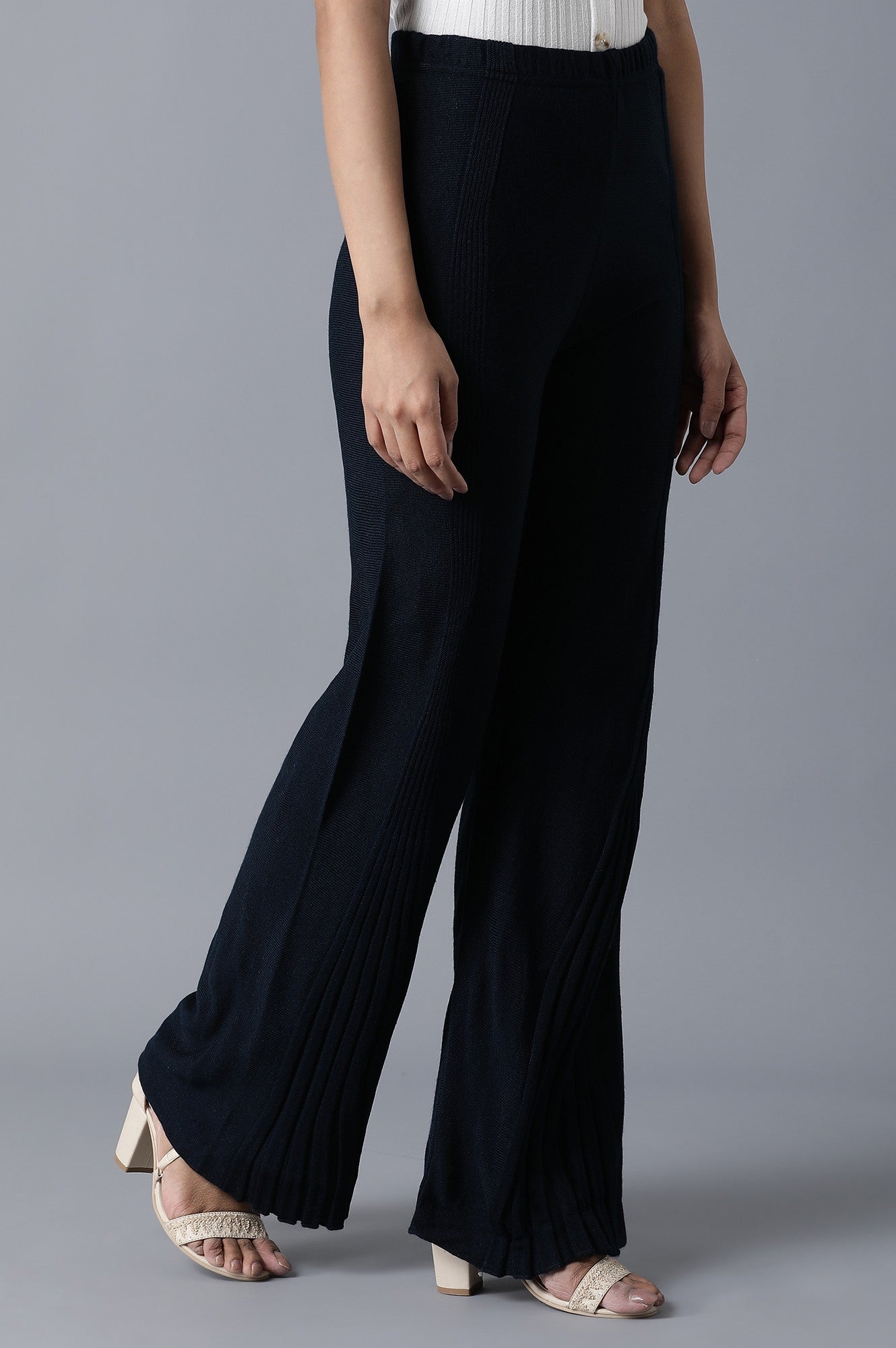 Navy Blue Pointelle Flared Palazzo With Elasticated Waistband