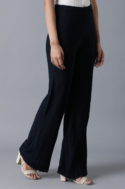 Navy Blue Pointelle Flared Palazzo With Elasticated Waistband