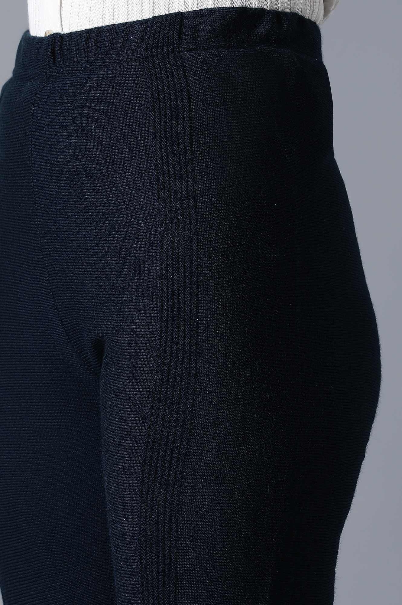 Navy Blue Pointelle Flared Palazzo With Elasticated Waistband