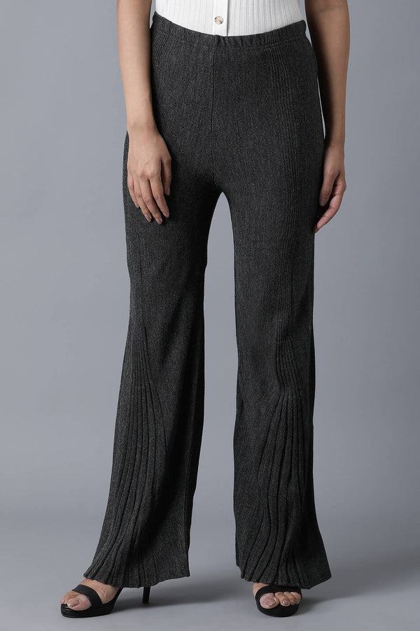 Grey Pointelle Flared Palazzo With Elasticated Waist