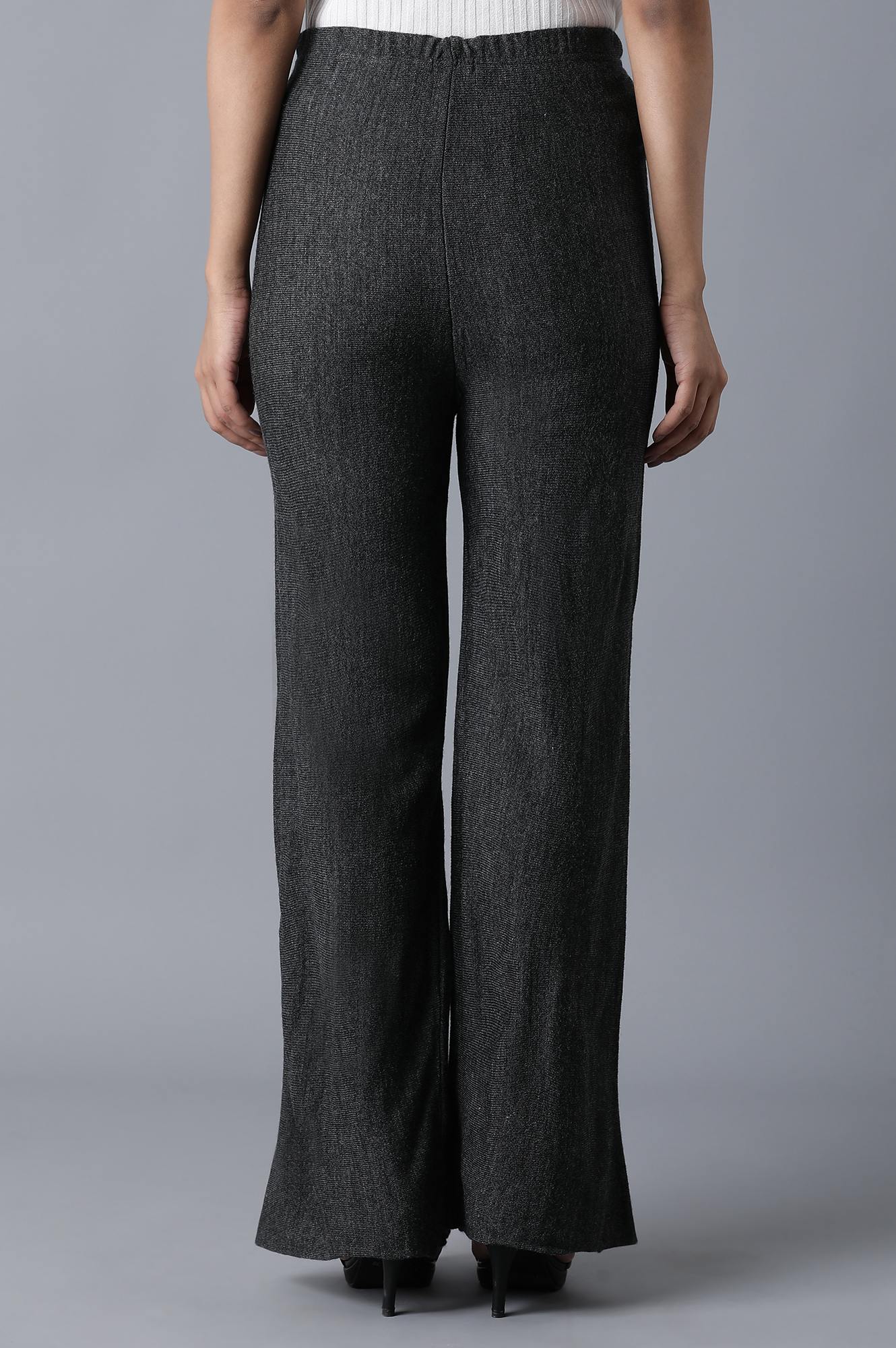 Grey Pointelle Flared Palazzo With Elasticated Waist