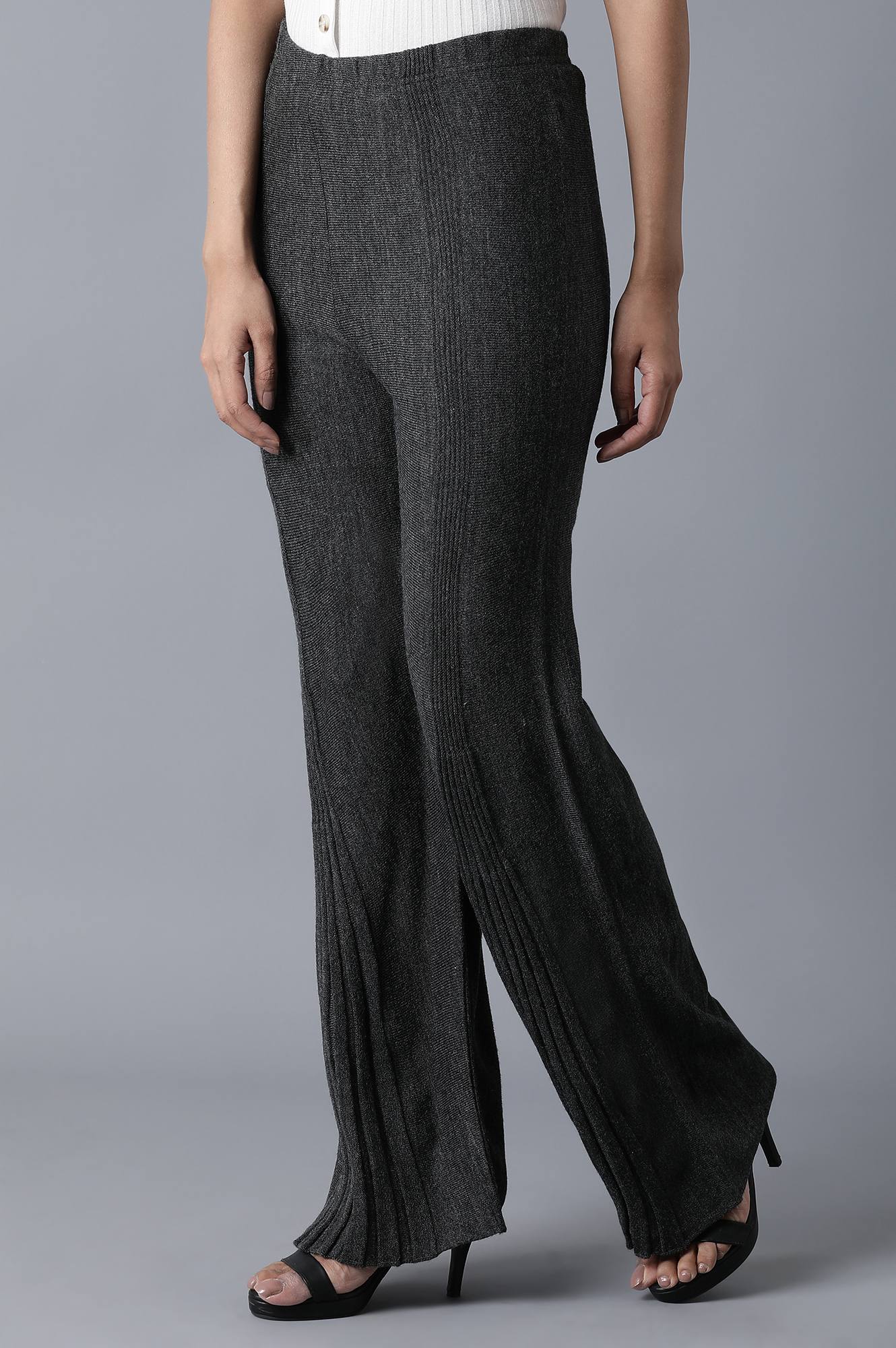 Grey Pointelle Flared Palazzo With Elasticated Waist
