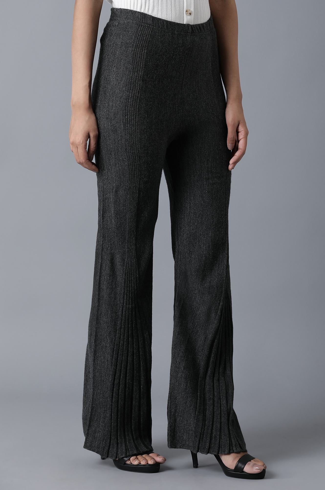 Grey Pointelle Flared Palazzo With Elasticated Waist