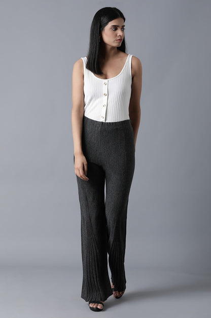 Grey Pointelle Flared Palazzo With Elasticated Waist