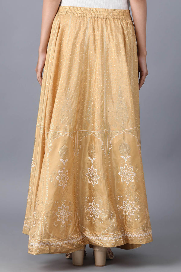 Gold Floral Printed Flared Silk Skirt With Elasticated Waist
