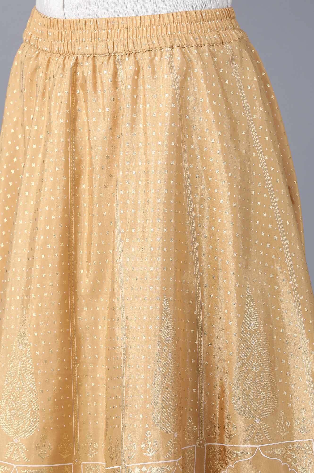 Gold Floral Printed Flared Silk Skirt With Elasticated Waist