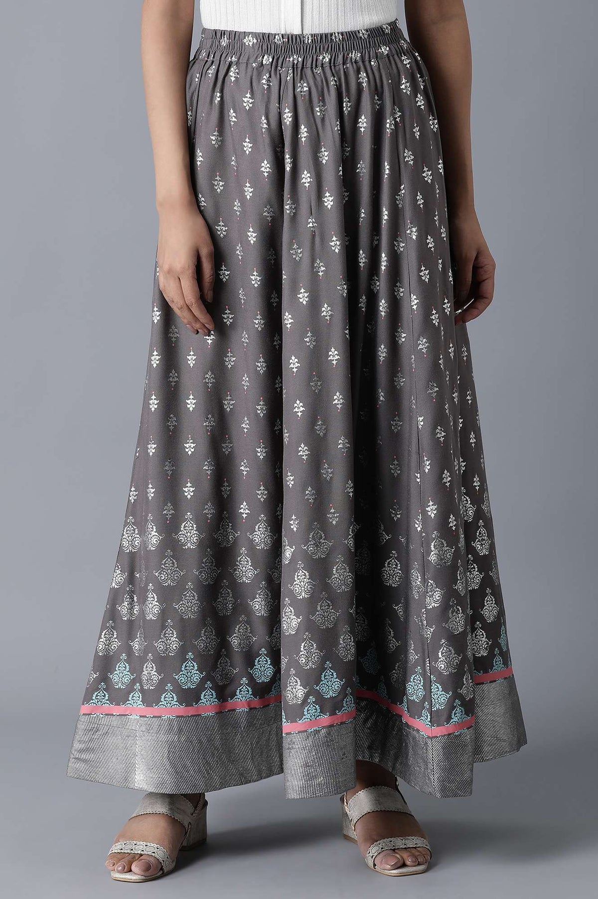 Elleven Women's Grey Floral Printed Flared Woven Skirt With Elasticated Waist - XS