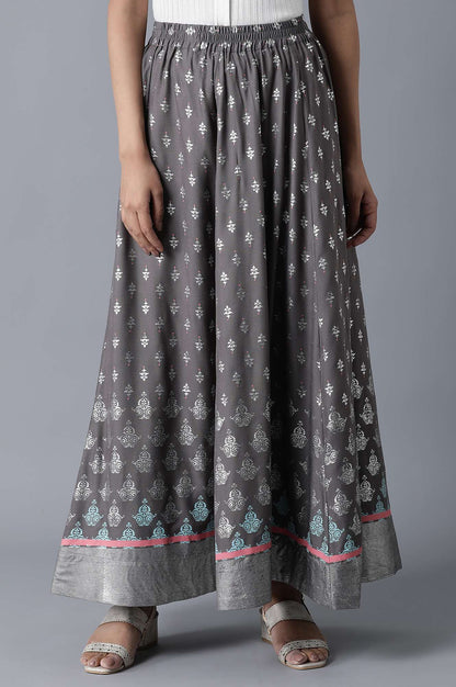 Grey Floral Printed Flared Woven Skirt With Elasticated Waist