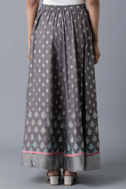 Grey Floral Printed Flared Woven Skirt With Elasticated Waist