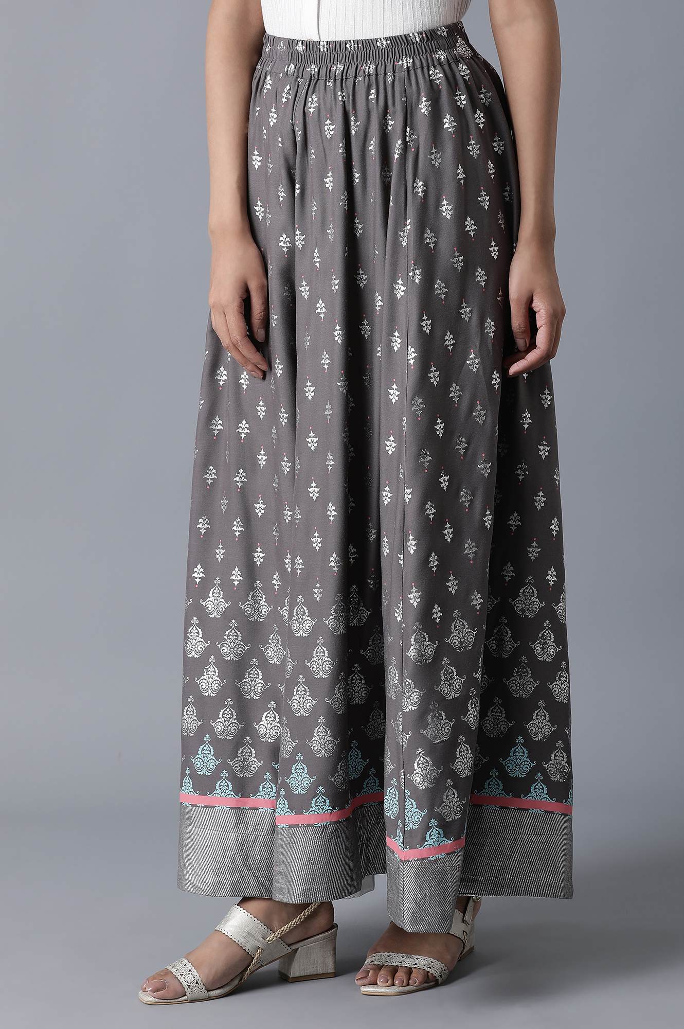 Grey Floral Printed Flared Woven Skirt With Elasticated Waist