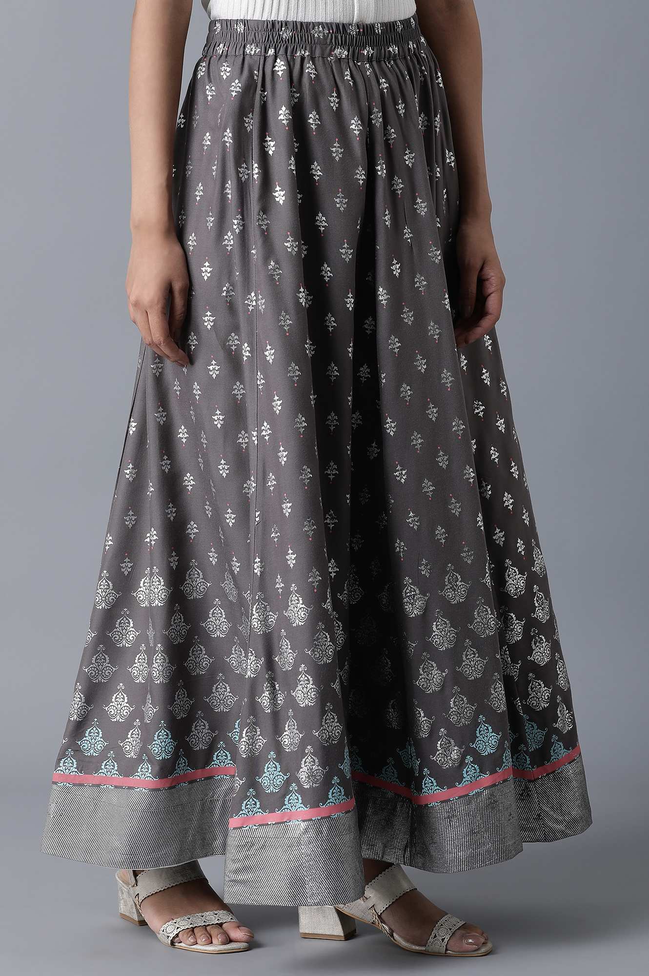 Grey Floral Printed Flared Woven Skirt With Elasticated Waist