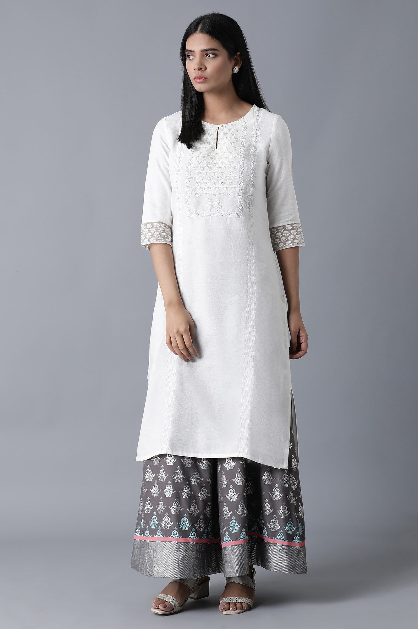 Grey Floral Printed Flared Woven Skirt With Elasticated Waist