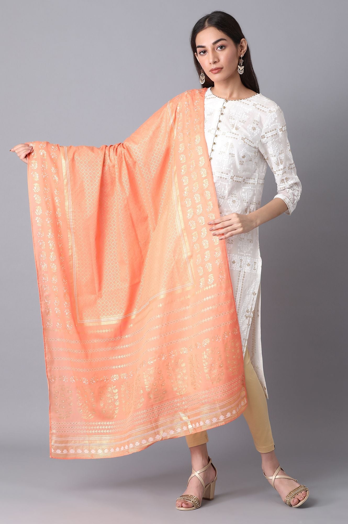 Peach Voile Printed Dupatta