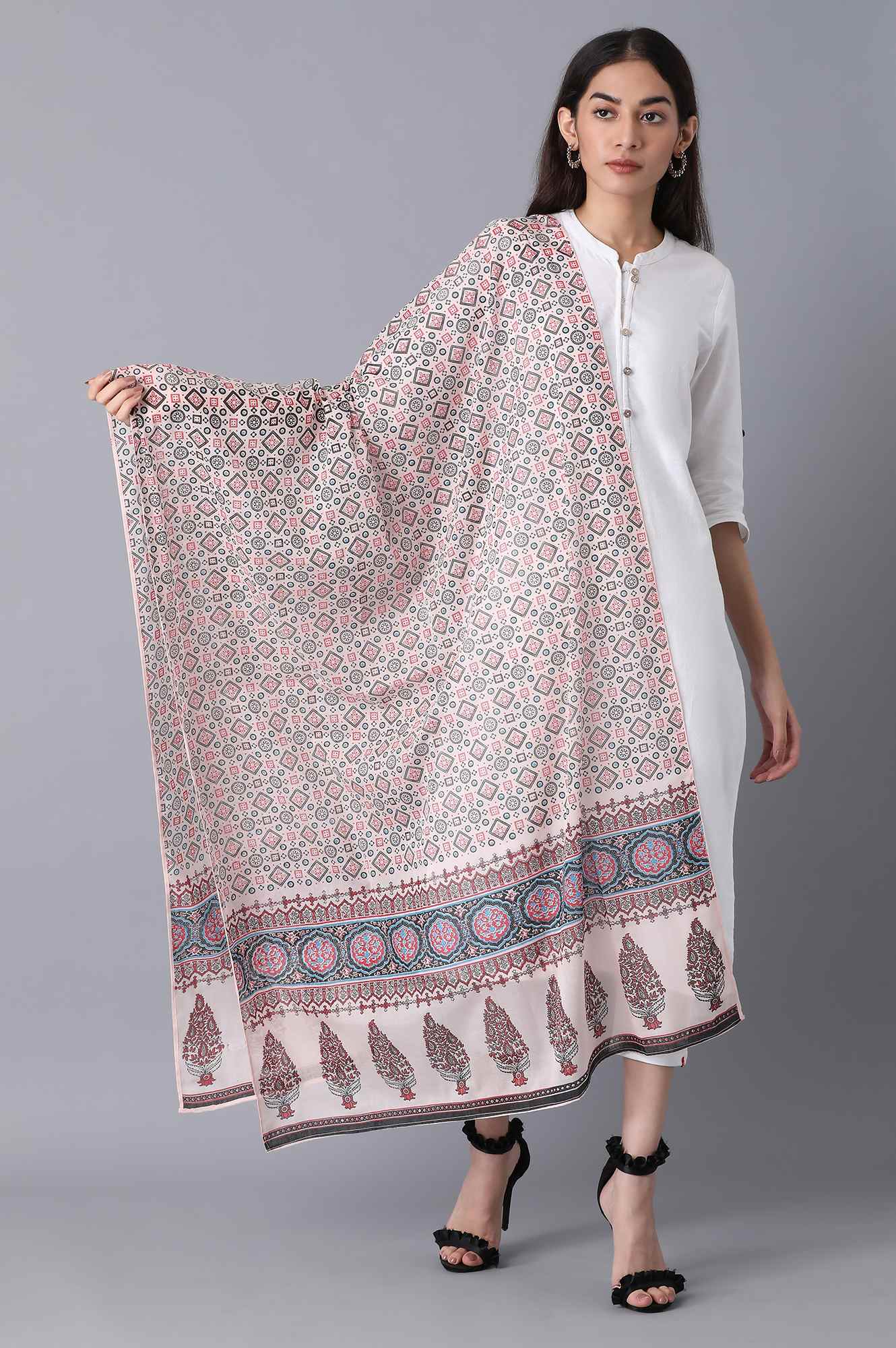 Peach Voile Printed Dupatta
