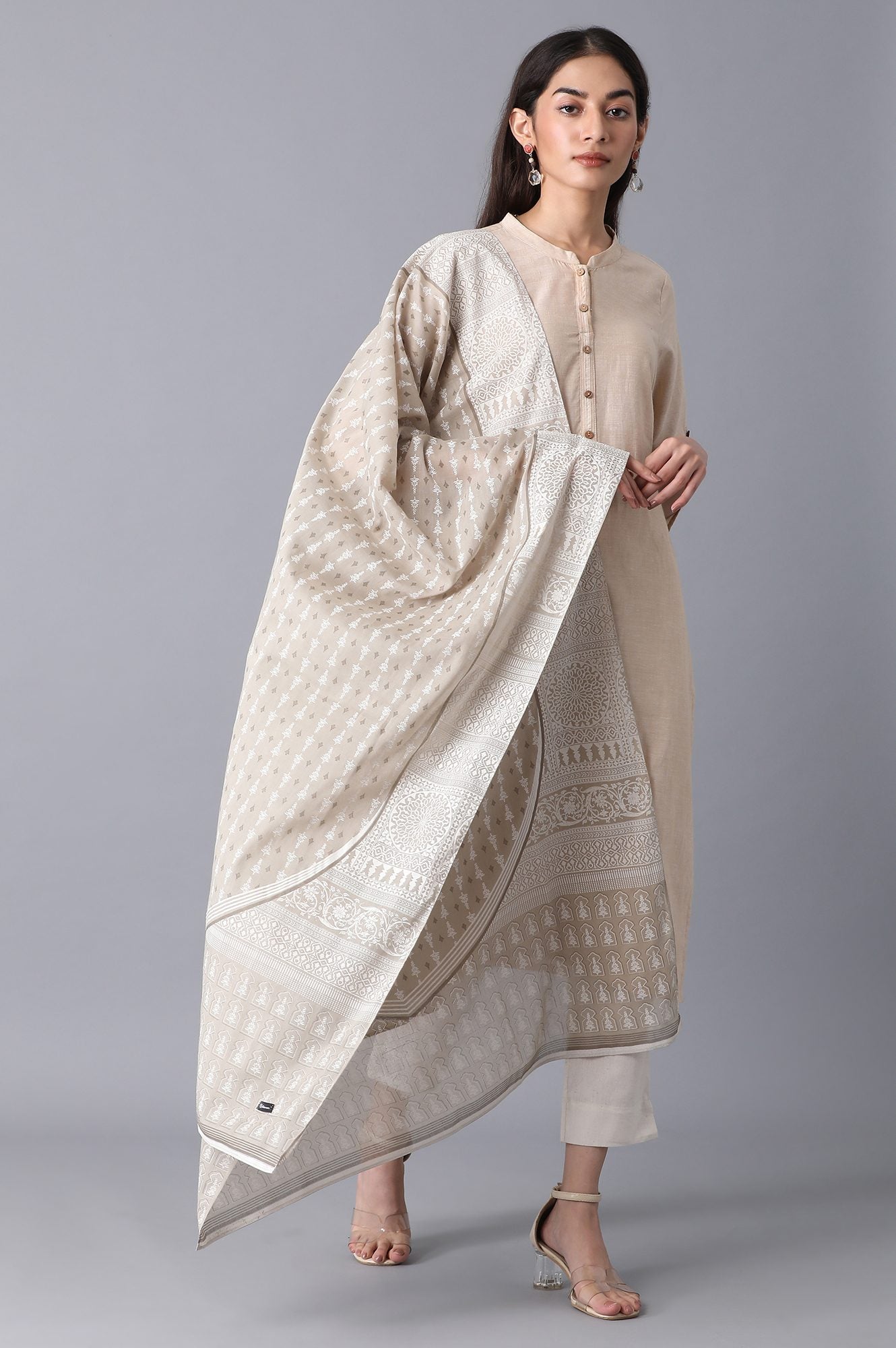 Beige Voile Printed Dupatta