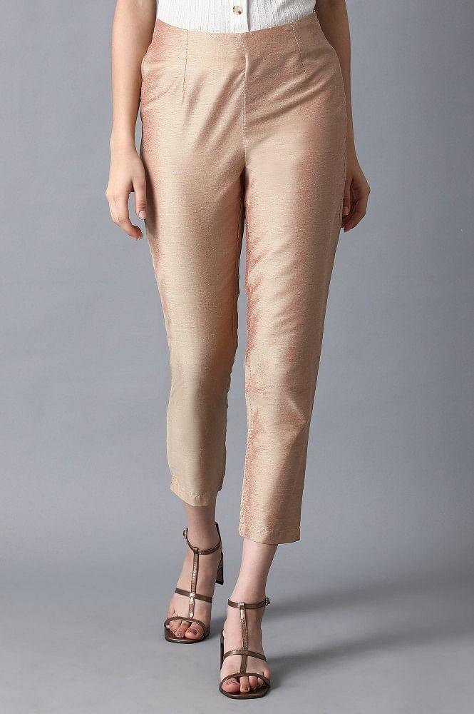 Beige Solid Trousers - wforwoman