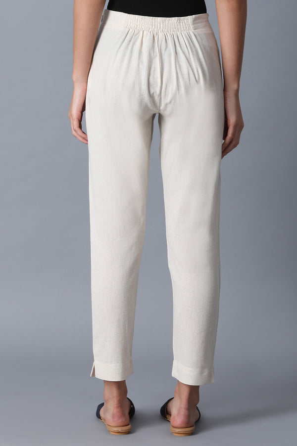 White Solid Mid-Rise Cotton Flax Slim Pants