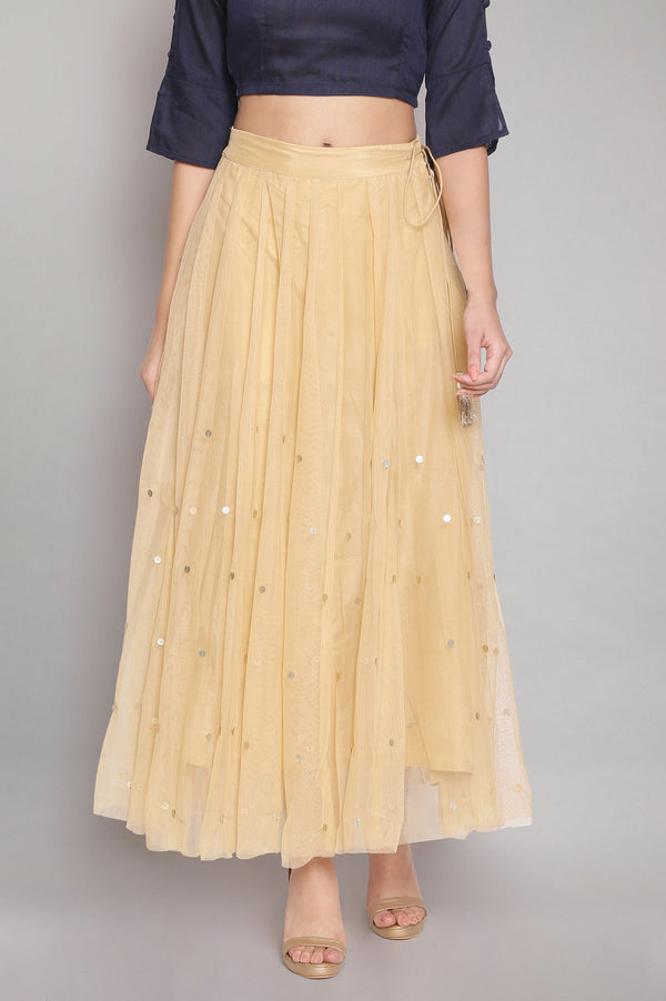 Gold Solid Sequin Flared Woven Skirt