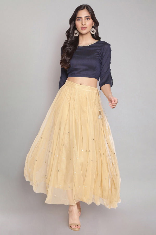 Gold Solid Sequin Flared Woven Skirt