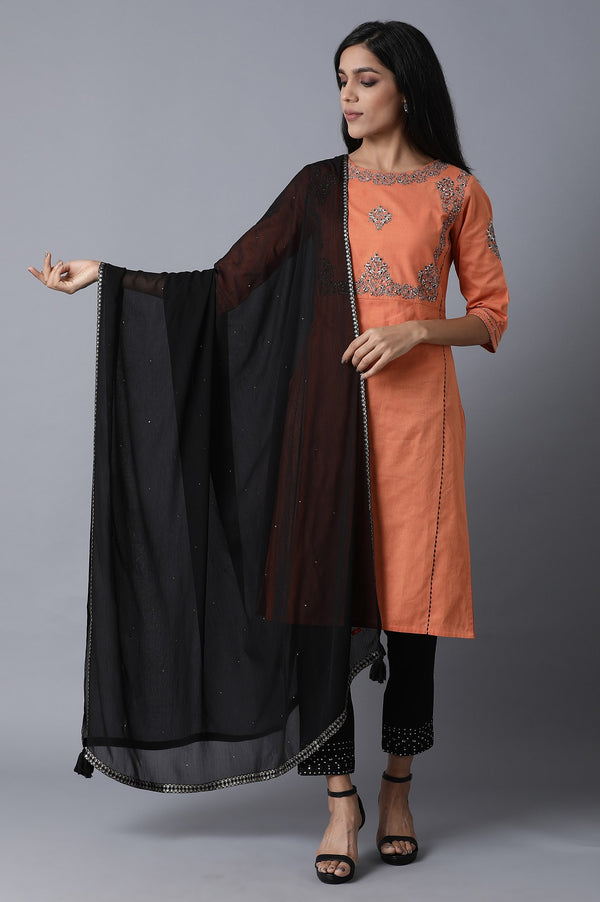 Black Chiffon Tassel Dupatta with Printed Border