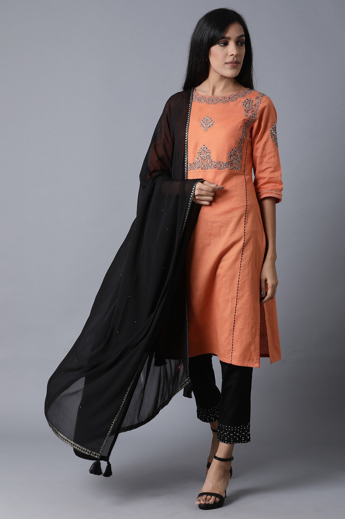 Black Chiffon Tassel Dupatta with Printed Border