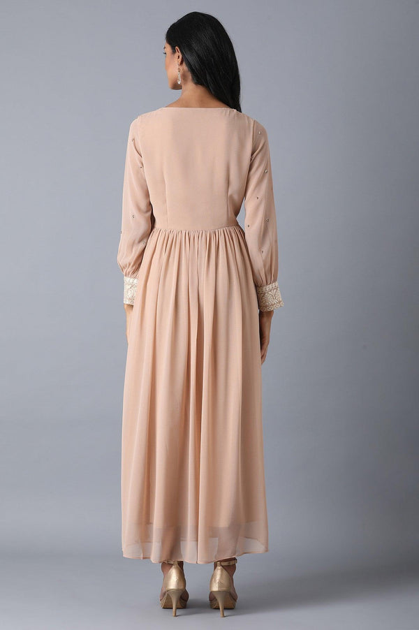 Beige Embroidered Flared Dress