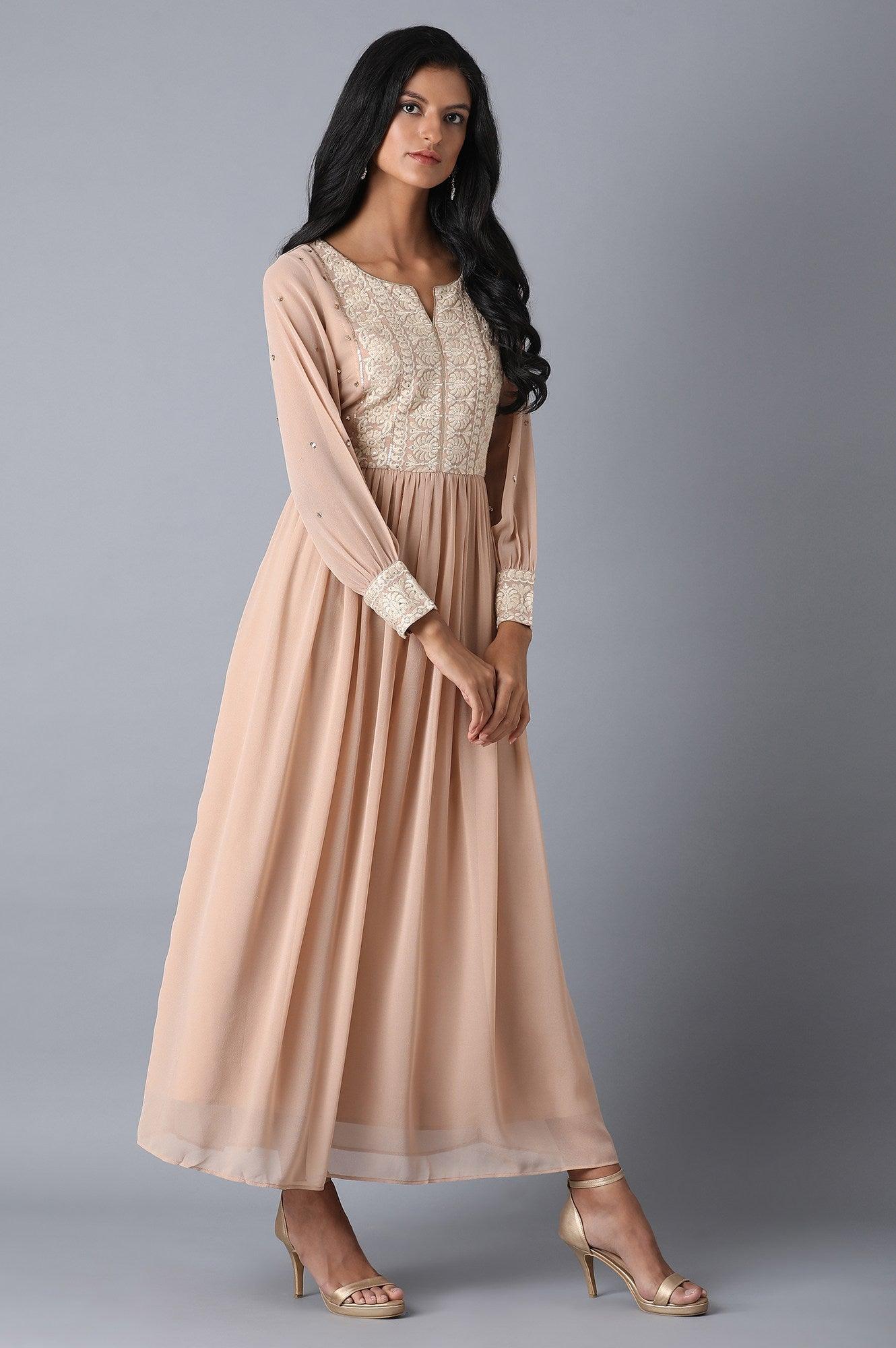 Beige Gathered Dress - wforwoman