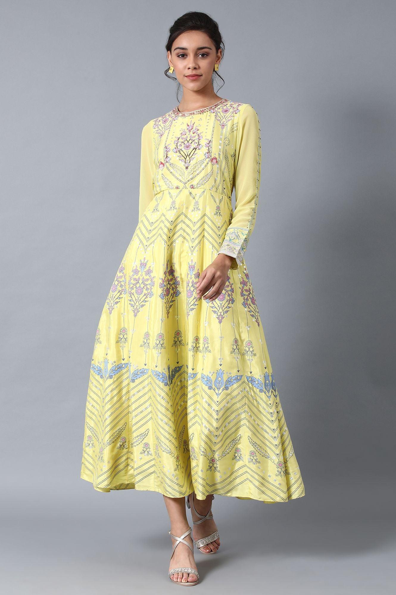 Yellow Round Neck Festive Dress - wforwoman
