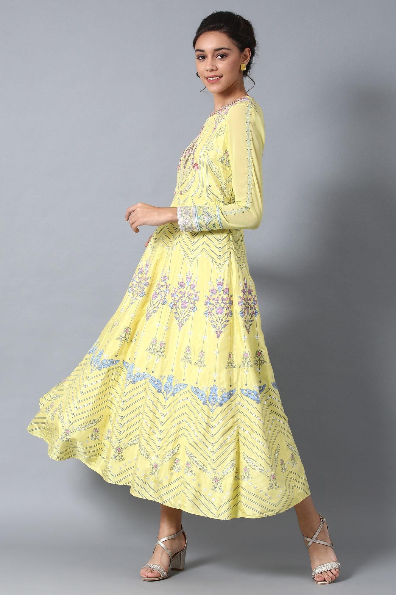 Yellow Round Neck Festive Dress - wforwoman