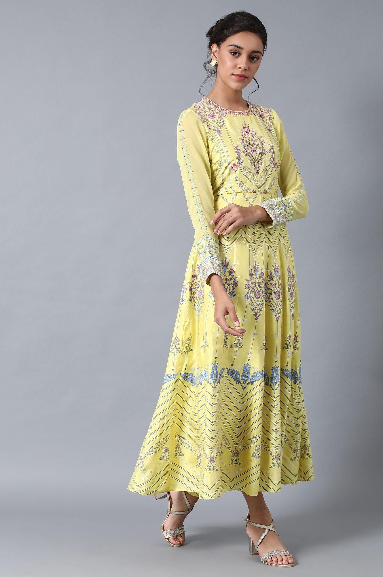 Yellow Round Neck Festive Dress - wforwoman