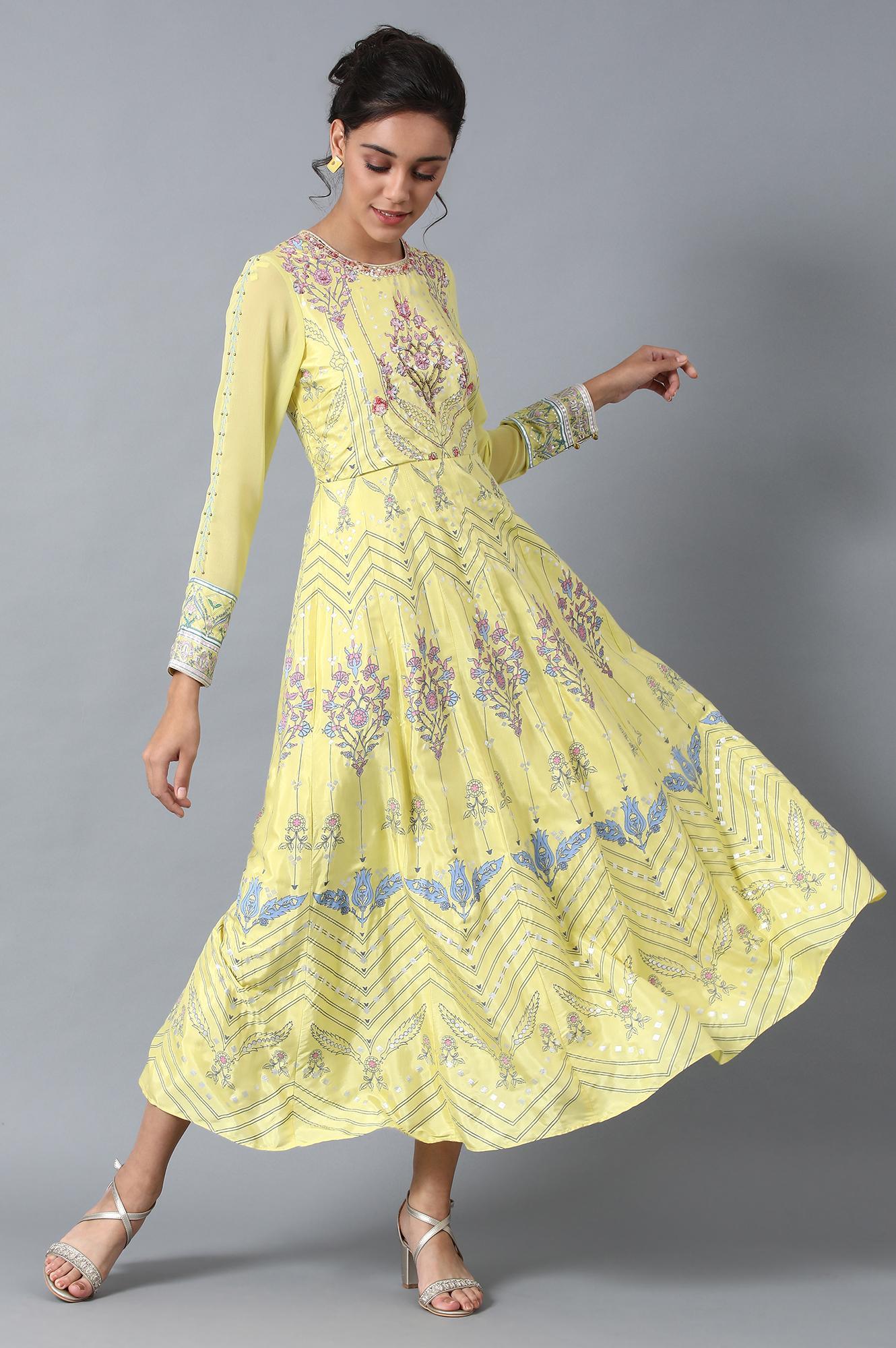 Yellow Round Neck Festive Dress - wforwoman