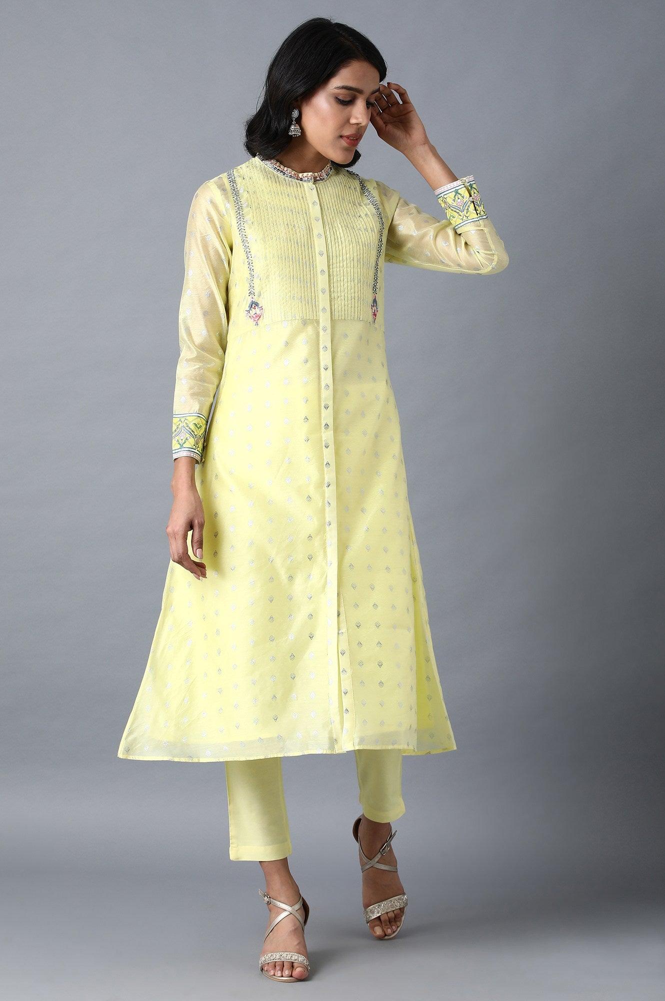 Yellow Mandarin Neck Floral kurta - wforwoman
