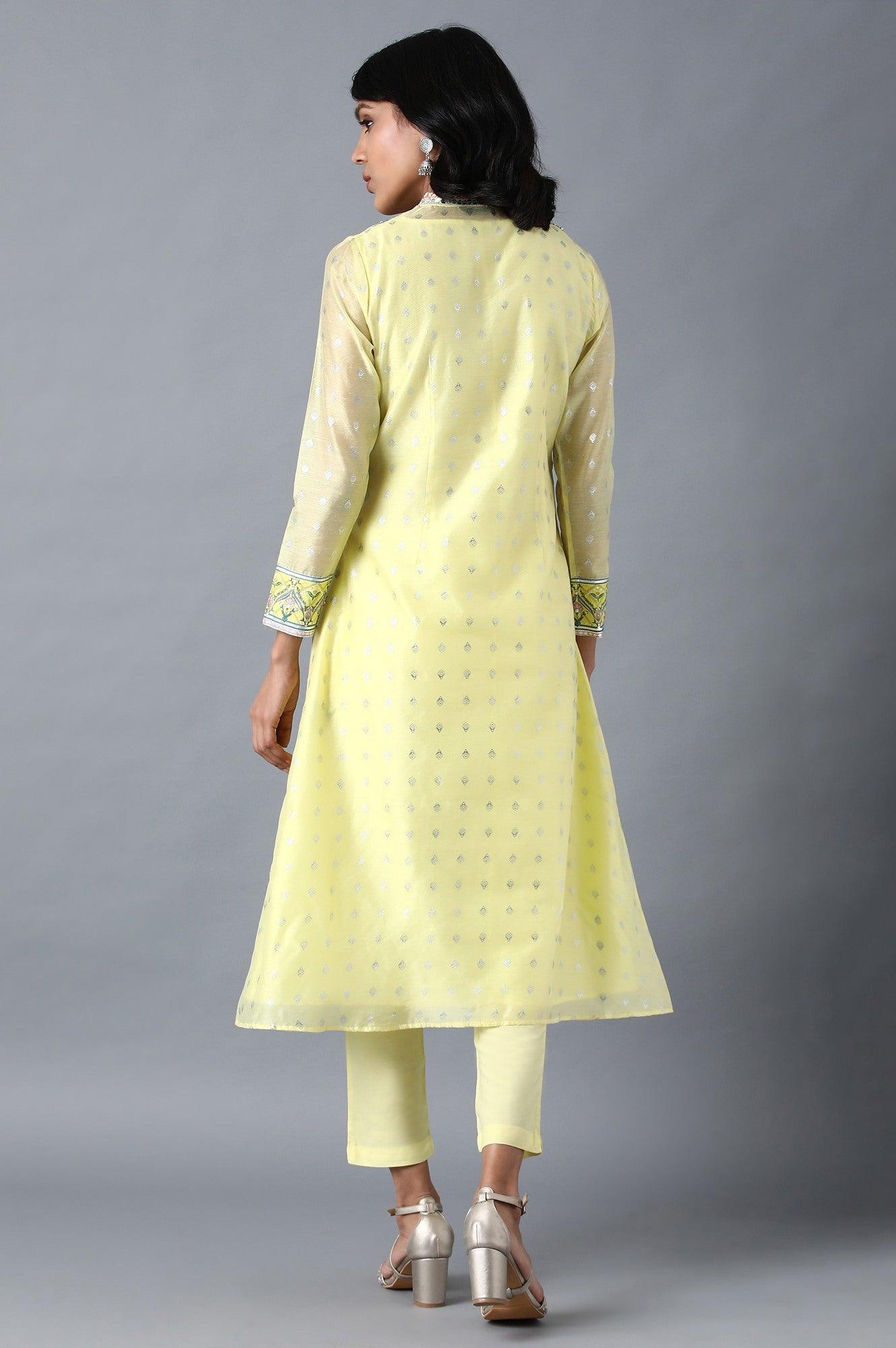 Yellow Mandarin Neck Floral kurta - wforwoman