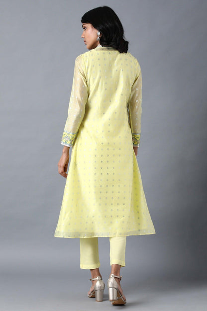 Yellow Mandarin Neck Floral kurta - wforwoman