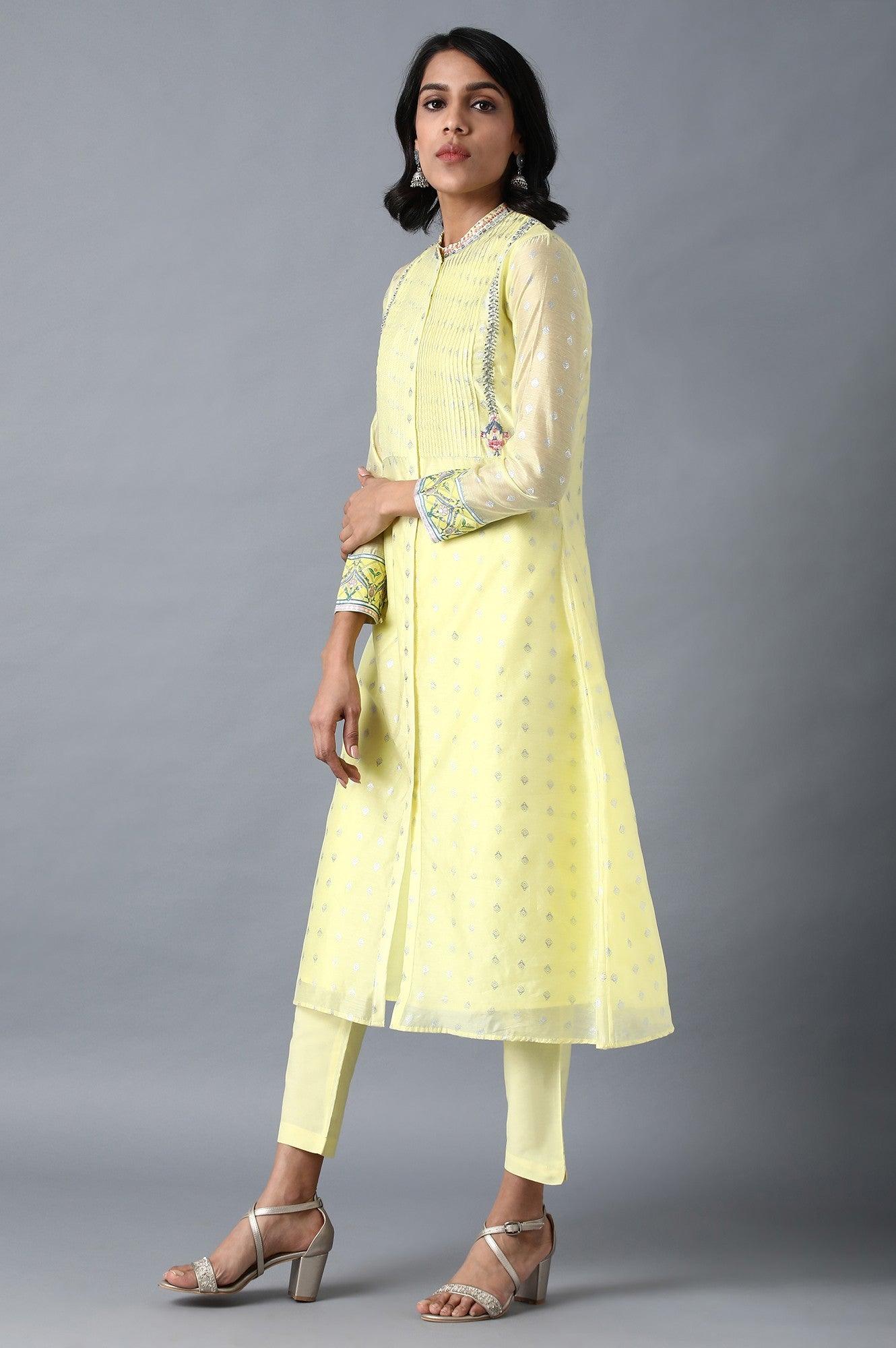 Yellow Mandarin Neck Floral kurta - wforwoman