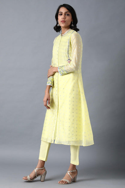 Yellow Mandarin Neck Floral kurta - wforwoman