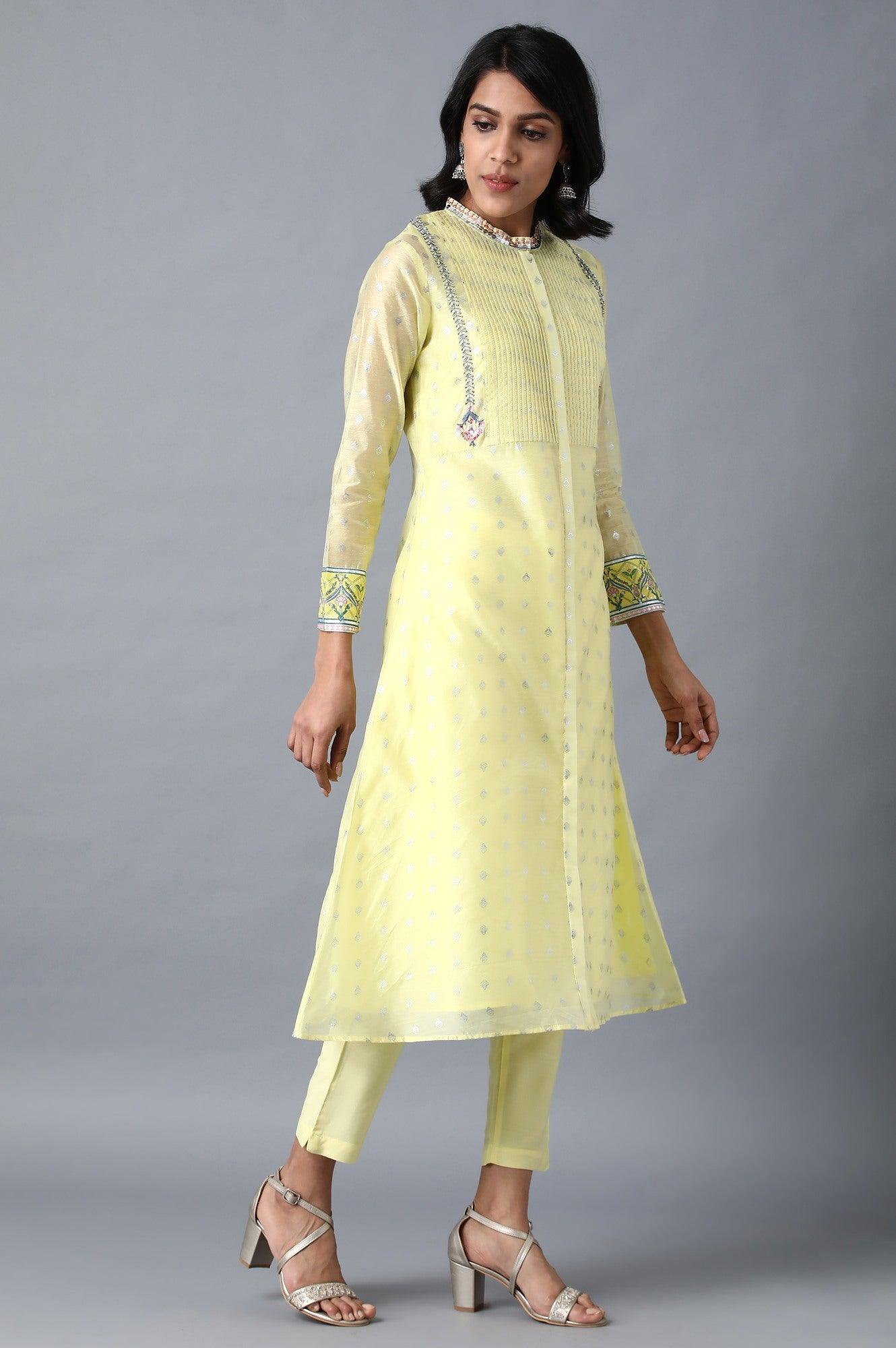Yellow Mandarin Neck Floral kurta - wforwoman