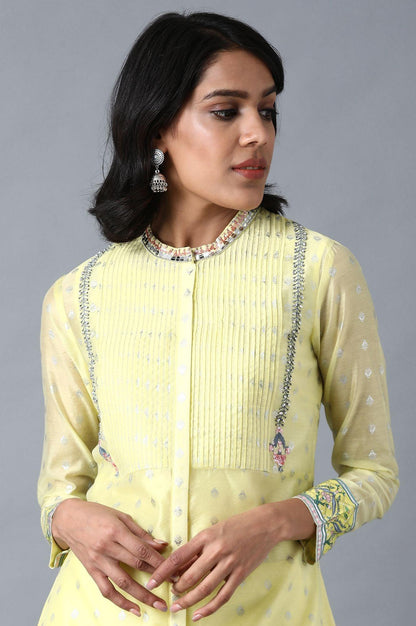 Yellow Mandarin Neck Floral kurta - wforwoman