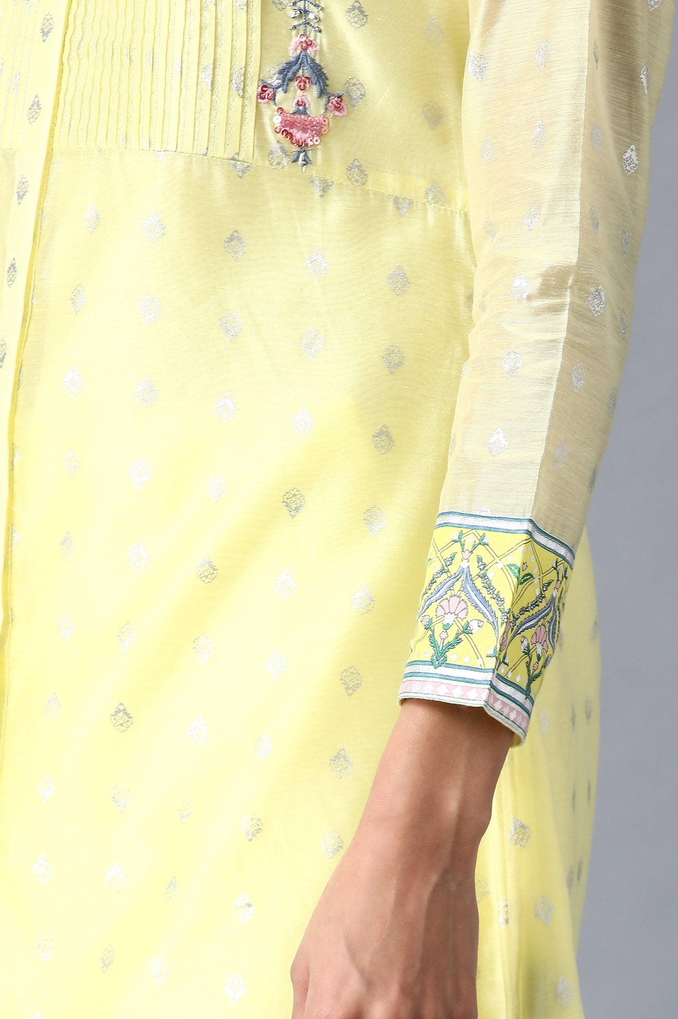 Yellow Mandarin Neck Floral kurta - wforwoman